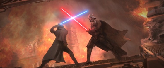 In a piece of concept art for the Obi-Wan Kenobi series, Vader of the Dark Side and Obi-Wan face off in another lightsaber duel as something crashes and burns around them