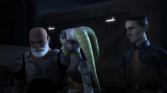 Rex is emotional when telling Ezra that no one wishes that Obi-Wan was alive more than he did, Hera Syndulla (a female Twi'lek with green skin and two head tails) and Commander Jun Sato (a human male in an orange shirt and dark armor) turn to comfort him