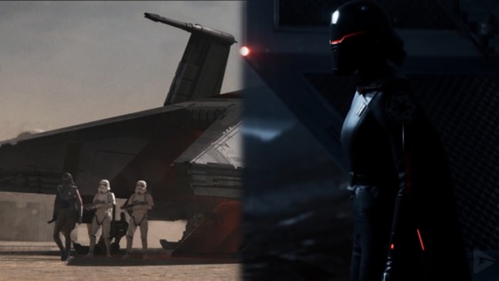 On the left, concept art from the Obi-Wan Kenobi series showing an Inquisitor dressed in all black (including a full helmet) arriving on what appears to be Tatooine. On the right, the Second Sister from Jedi: Fallen Order arrives on Bracca. The two wear very similar armor to each other, but it’s not likely that the Inquisitor in the Obi-Wan show is the Second Sister.