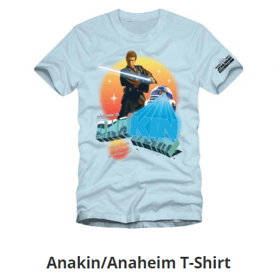 a light blue shirt with Anakin replacing the last few letters of "Anaheim" so it reads "Anakin"