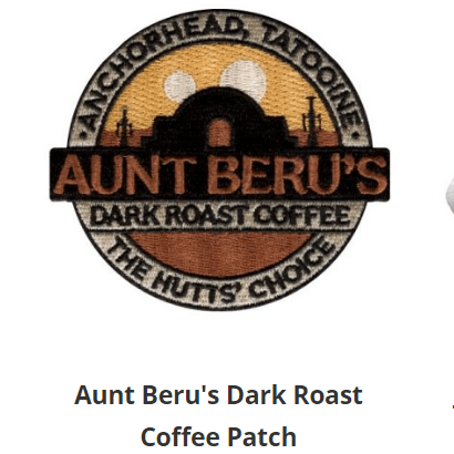 a patch that reads "Aunt Beru's Dark Roast Coffee: The Hutt's Choice"