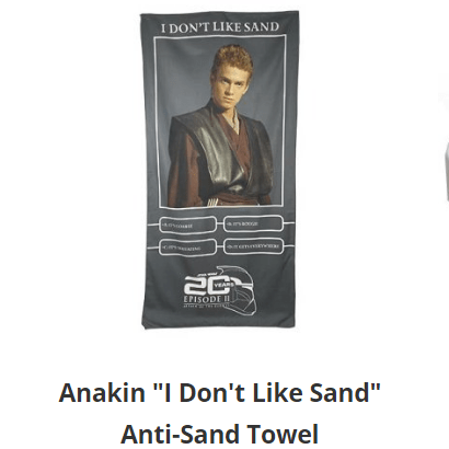 a grey beach with a picture of Anakin Skywalker that reads "I don't like sand" with multiple choices as to why (course, rough, irritating, and it gets everywhere!)