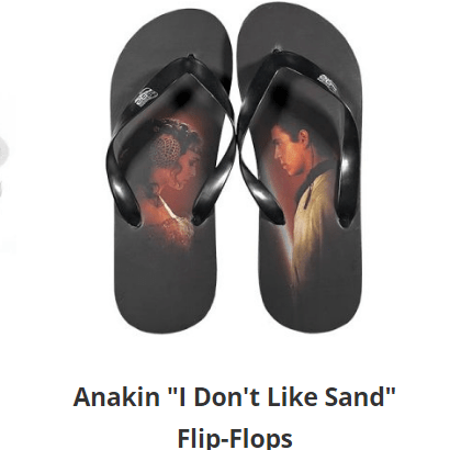 A pair of black flip flops, one with Padme Amidala and another with Anakin Skywalker