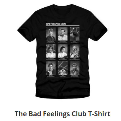 a black t-shirt featuring black and white pictures of characters that have said "I have a bad feeling about this" in Star Wars