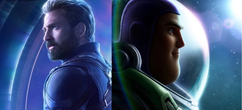 Chris Evans is facing the left of the image while Buzz faces the right, back to back