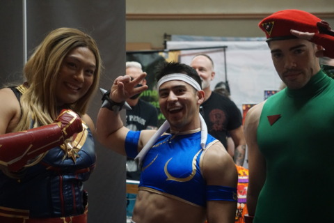 London as Captain Marvel, David and Ryan as gender-bent Street Fighter characters at Q-Con