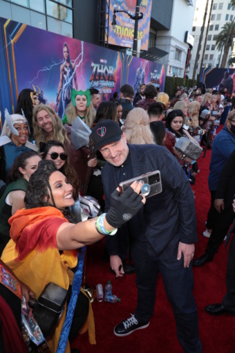 Producer Kevin Feige greets fans at the Love and Thunder World Premiere