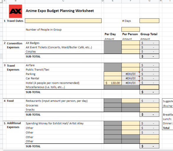 Screenshot of the Anime Expo Budget Planner Worksheet from Google Docs