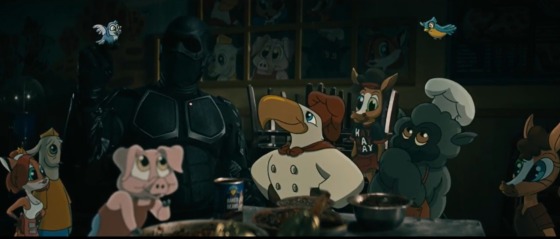 a man in a black superhero outfit sits in a closed down restaurant surrounded by cartoon characters come to life from THE BOYS