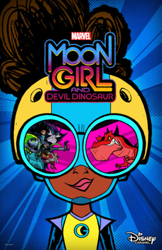 Moon Girl and Devil Dinosaur Key Art with closeup of Moon Girl's face with characters featured on glasses