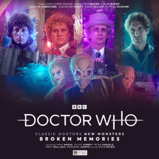 the cover for "Broken Memories" featuring the 4th, 6th, 7th, and 8th Doctors alongside the Clockwork Droids and the Silence