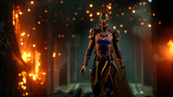 Batgirl in Gotham Knights Video Game surrounded by flaming embers