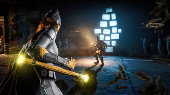 Back Side lateral view of Batgirl wielding a baton against an antagonist in Gotham Knights