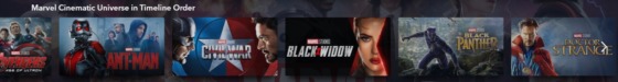 a screenshot of the MCU timeline order on Disney+. In order the movies are Civil War, Black Widow, Black Panther, and then Doctor Strange