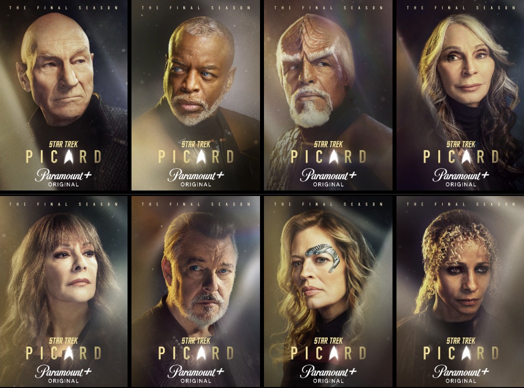 Star Trek Picard Character Posters from Left to Right and Top to Bottom are: Patrick Stewart as Jean-Luc Picard, Levar Burton as Geordi La Forge, Michael Dorn as Worf, Gates McFadden as Beverly Crusher, Marina Sirtis as Deanna Troi, Jonathan Frakes as William Riker, Jeri Ryan as Seven of Nine and Michelle Hurd as Raffaela "Raffi" Musiker