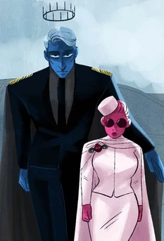 Hades and Persephone in formal clothes headed to court