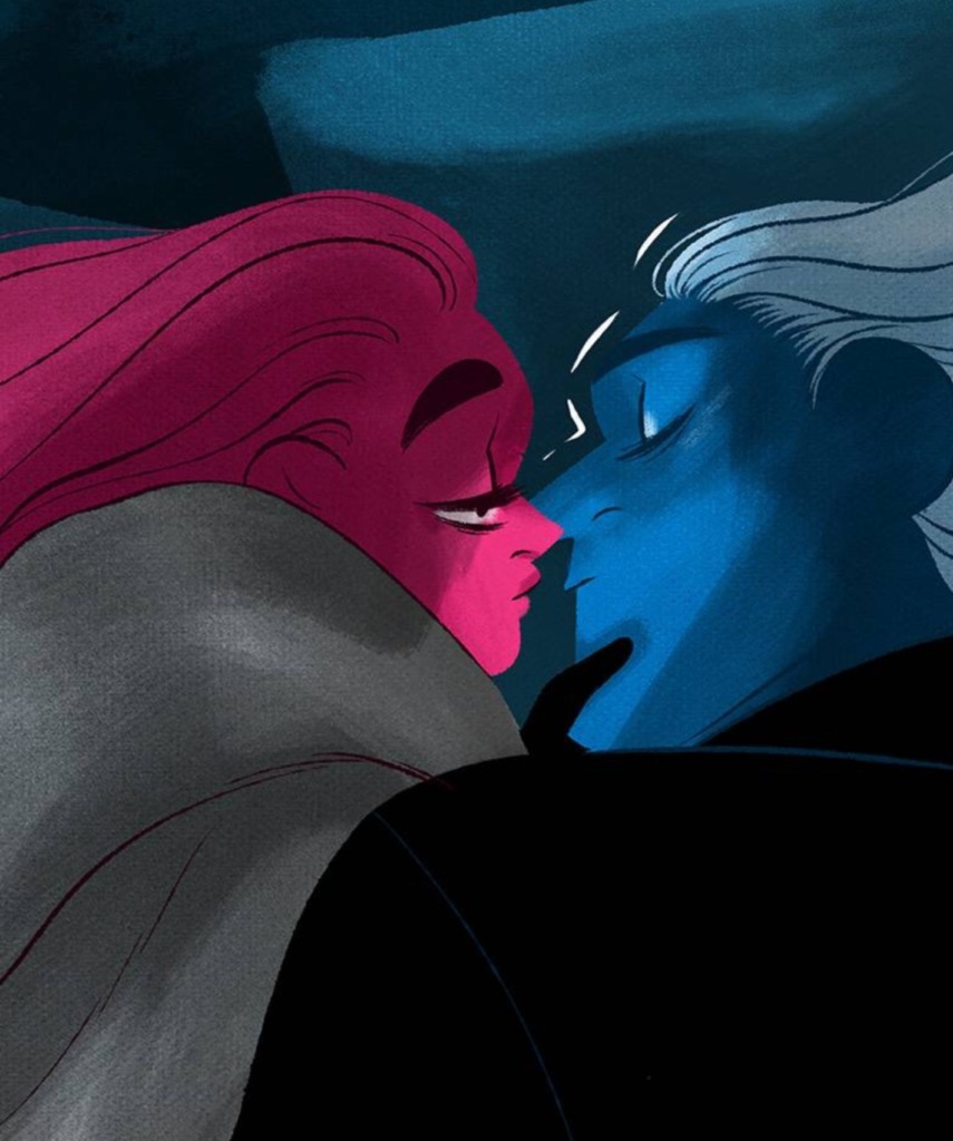 Persephone and Hades share an embrace in the season three premiere of Lore Olympus