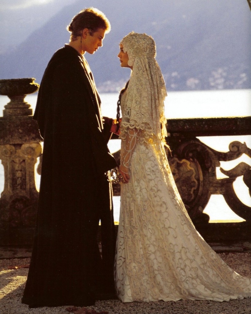 Anakin Skywalker and Padme Amidala get married in front of a lake in a scene from Star Wars: Attack of the Clones. 