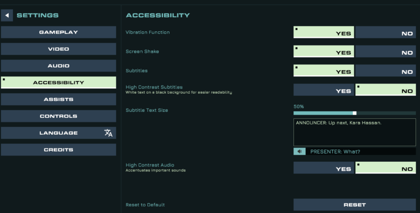 ROLLERDROME's accessibility menu