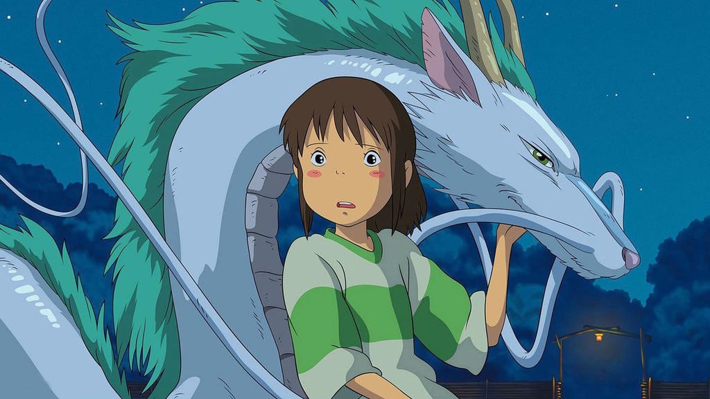 Chihiro and the dragon Haku in an animated still from Spirited Away. 