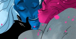 Persephone kisses Hades on the cheek in a screen grab from the season three premiere of Lore Olympus