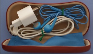 Phone charger, wire, and headphones sit in a glasses case