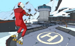 a roller skating character jumping into a battle with two guns, a helipad logo appears on a concrete ground