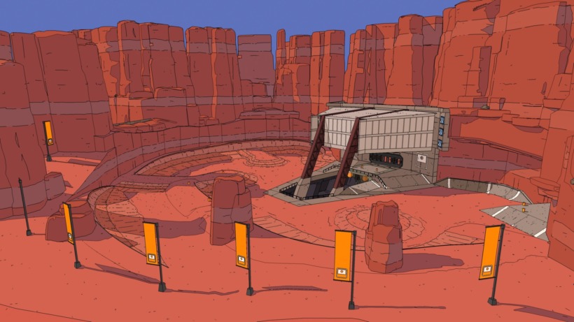 a rocky landscape with a metal structure in a cartoon style