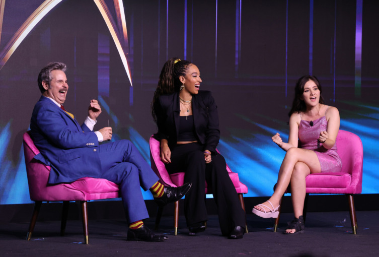 From Left to Right Paul F Tompkins, Tawny Newsome, and Noel Wells seated during panel of Star Trek Lower Decks during Star Trek Day