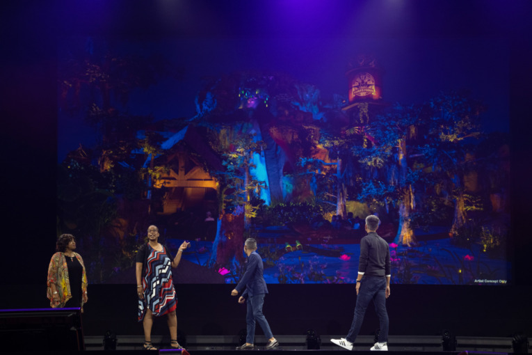 concept art of Tiana's Bayou Adventure lit up at night as revealed at the D23 Expo Parks Panel