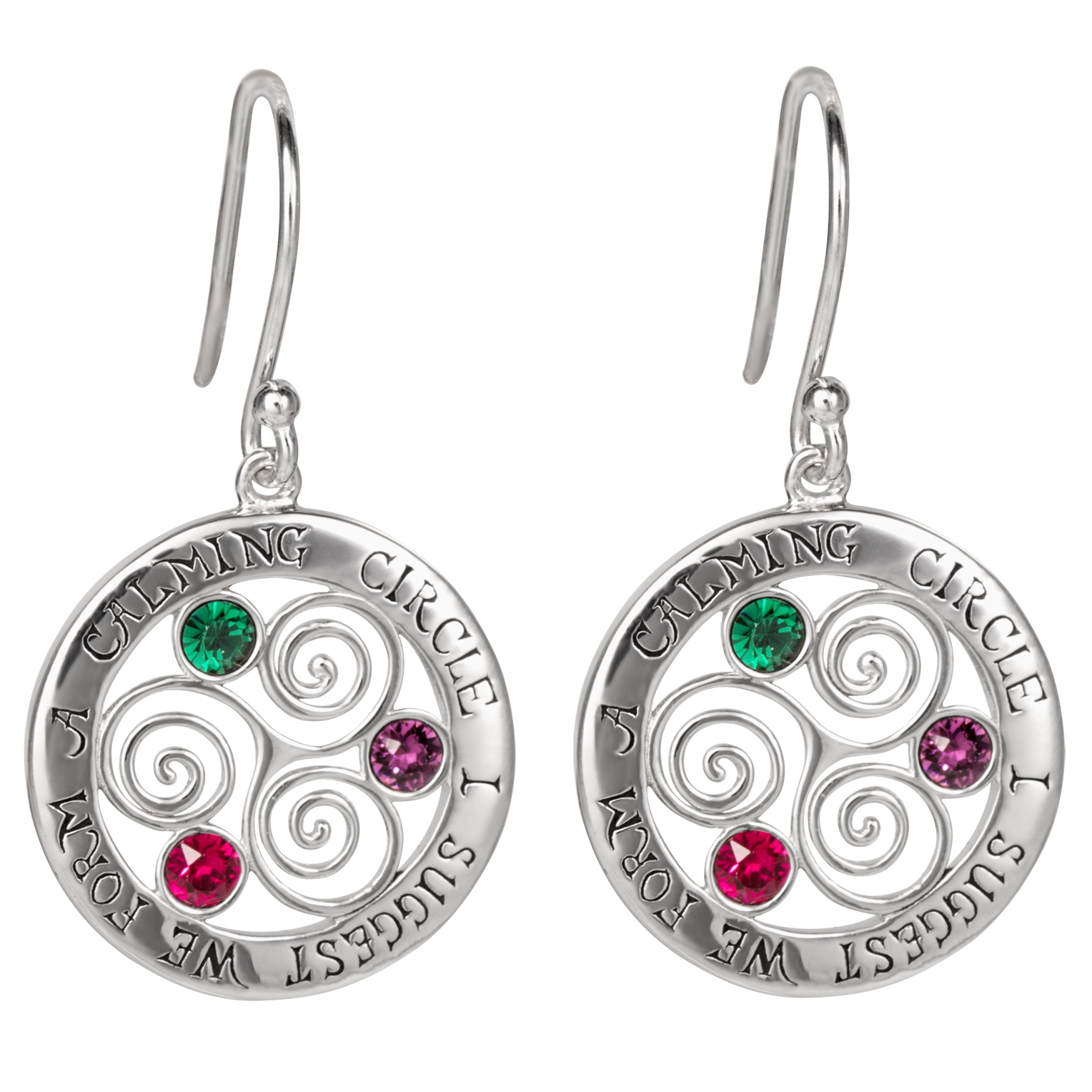 A pair of sterling silver earrings feature a circle with a spiral pattern inside and red, green, and purple crystals representing the three Sanderson sisters.