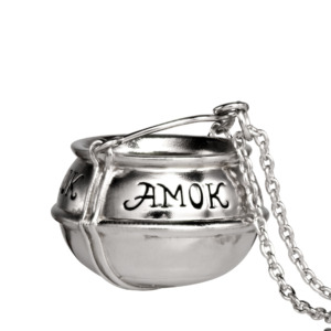 A sterling silver witch's cauldron necklace with the word "Amok" on it from RockLove's Hocus Pocus jewelry collection.