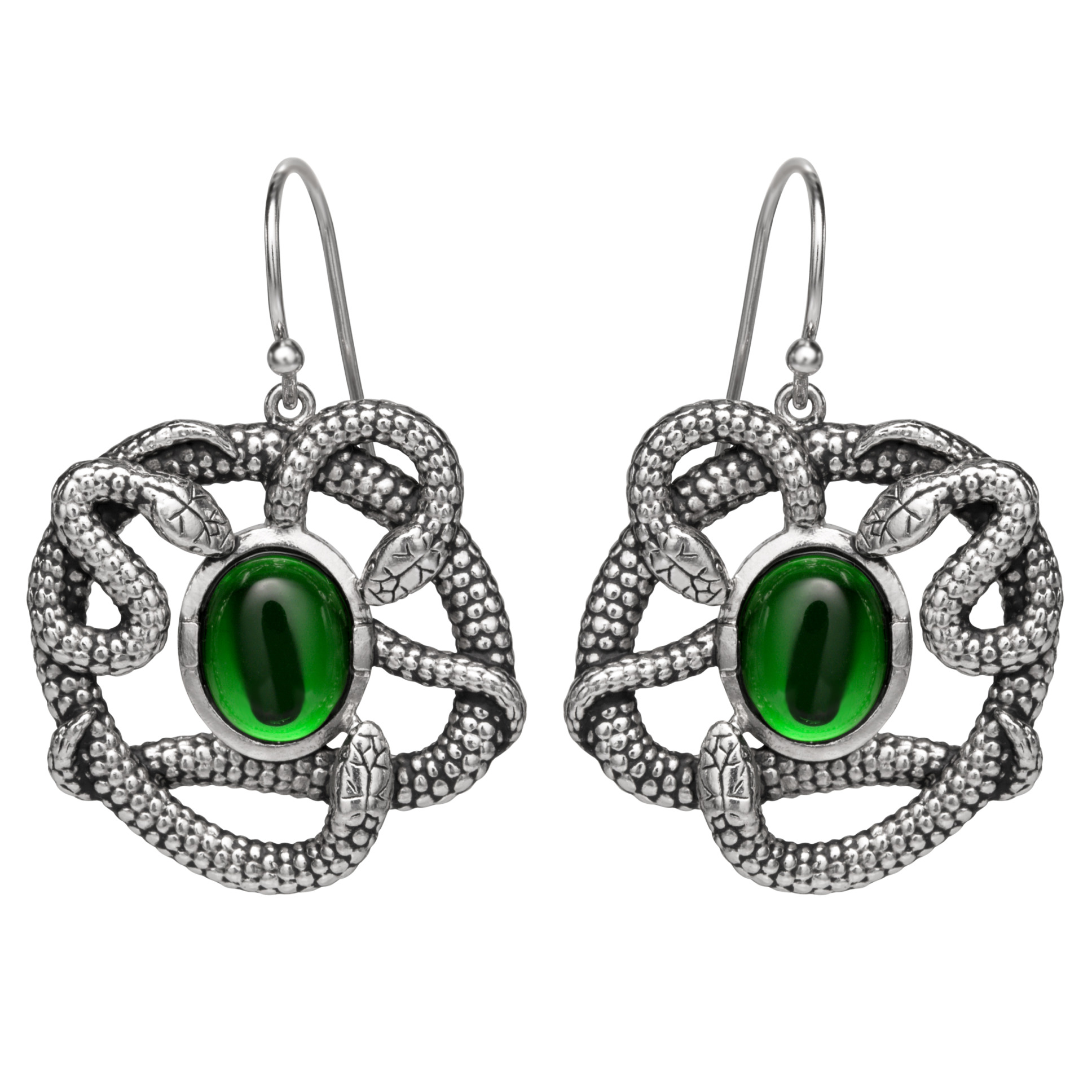 A pair of silver earrings featuring entwined snakes surrounding a green crystal.