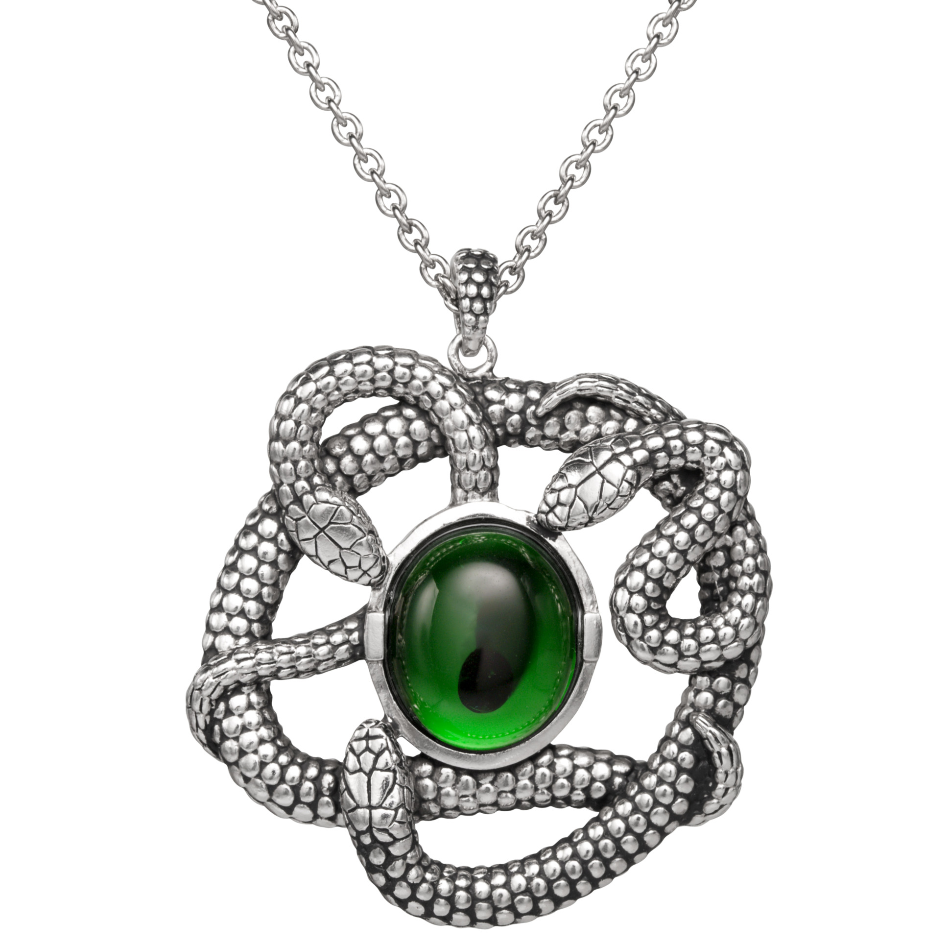 A sterling silver necklace with entwined snakes surrounding a green crystal from RockLove's Hocus Pocus 2 collection.