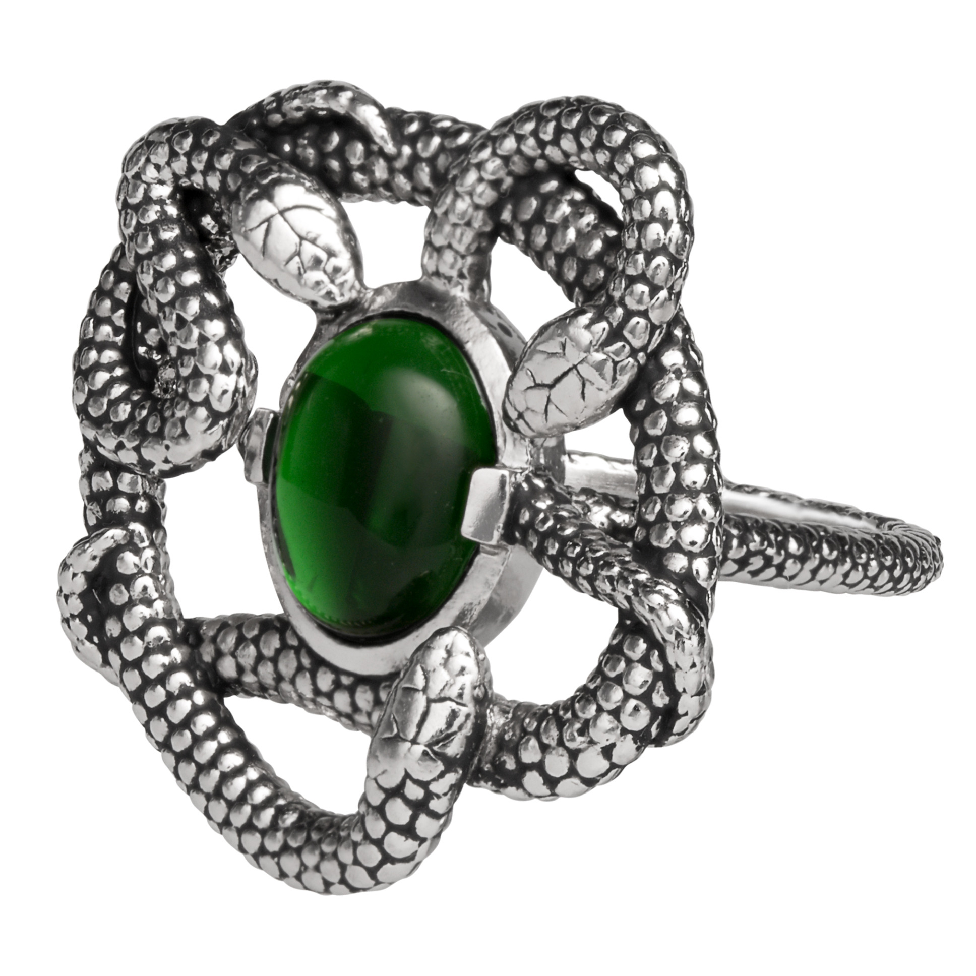 A silver ring features three entwined snakes around a green crystal.