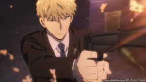 Loid Forger holding a gun in a still from SpyxFamily