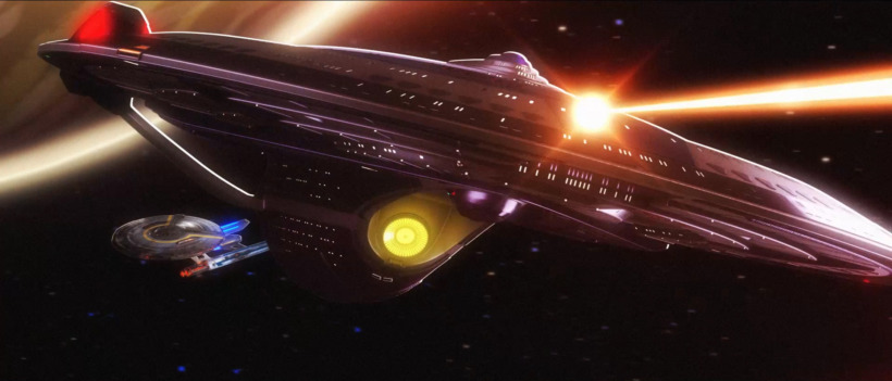 U.S.S. Faraway shown in battle shooting a phaser with a battle damaged U.S.S. Cerritos in the background 