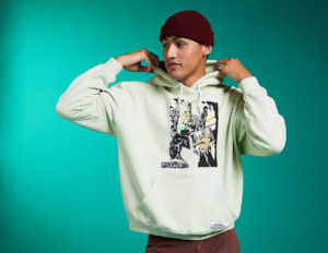 my hero academia hoodie on a male model for boxlunch x crunchyroll collection