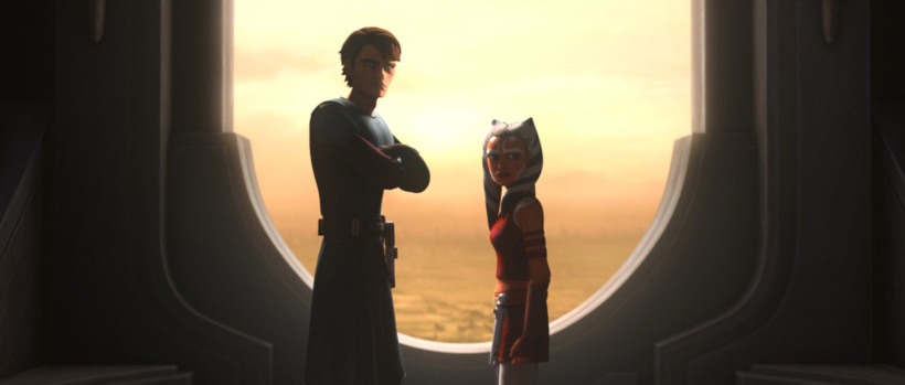 Anakin Skywalker talks to a young Ahsoka Tano in the Jedi Temple