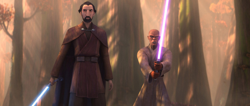 Count Dooku and Mace Windu prepare to battle in a forest. Each has their lightsabers drawn and activated. Mace holds his up in a defensive position while Dooku holds his down by his side.