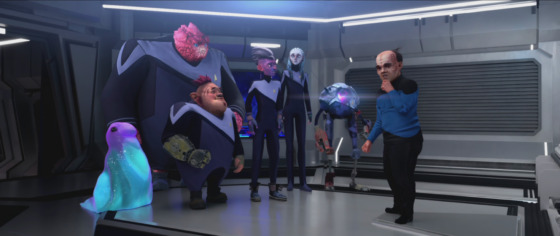 From Left to Right: Murf, Rok-Tahk, Jankom Pog, Dal, Gwyn, and Zero standing alongside each other with looks of concern of a yet to be disclosed Denobulan species character in star trek prodigy trailer