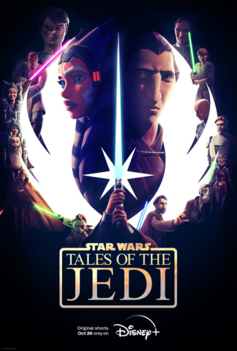 the poster for "Tales of the Jedi" featuring Ahsoka Tano, Count Dooku, and various characters from each of their three stories in this season