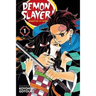 Demon Slayer Volume 1 Cover Art; Tanjiro is holding Nezuko in a protective fashion