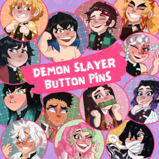 A collection of Demon Slayer button pins surrounding white text that says "Demon Slayer Button Pins"