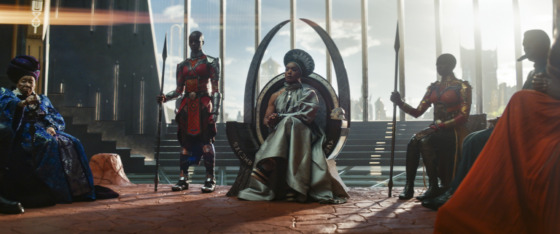 (L-R): Dorothy Steel as Merchant Tribe Elder, Florence Kasumba as Ayo, Angela Bassett as Ramonda, Danai Gurira as Okoye in Marvel Studios' Black Panther: Wakanda Forever. Photo courtesy of Marvel Studios. © 2022 MARVEL.