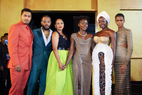 (L to R)Tenoch Huerta Mejía, Ryan Coogler, Zinzi Evans, Lupita Nyong'o, Danai Gurira and Letitia Wright attend the African Premiere of Marvel Studios’ “Black Panther: Wakanda Forever” on November 6, 2022 in Lagos, Nigeria. (Photo by StillMoving.net for Disney)