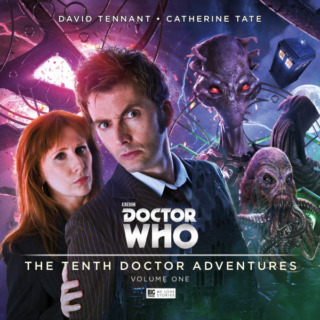 the cover for volume 1, featuring the 10th Doctor and Donna Noble alongside a few strange looking aliens