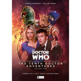 the cover for volume 2, featuring the 10th Doctor, Rose Tyler, Jackie Tyler, the TARDIS, and an Ice Warrior