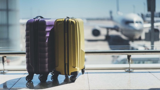 two suitcases sit in an airport terminal with an airplane outside for convention travel