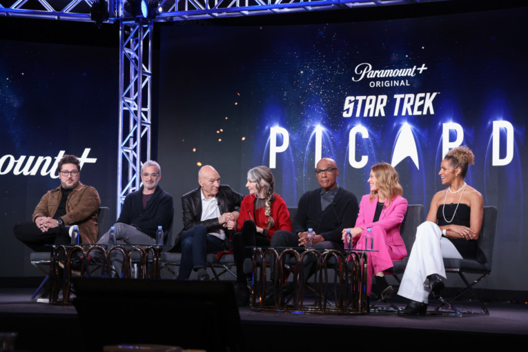 Star Trek Picard at TCA From L to R: Showrunner Terry Matalas, Executive Producer Alex Kurtzman, Sir Patrick Stewart, Gates McFadden, Michael Dorn, Jeri Ryan, Michelle Hurd